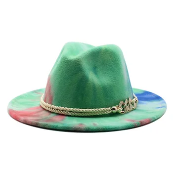 Fedora cepures nodilušas multicolor tie krāsošanas platām malām ar joslu ķēdes luksusa sieviešu cepures, vīriešu, rudens, ziemas gadījuma fascinator ziemas cepure