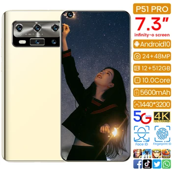 Huaw P51Pro 7.3 Collu Viedtālrunis Quad Kamera Globālo Versiju, Dual SIM Deka Core 12 GB 512 GB 48MP Android10 mobilo telefonu Noliktavā