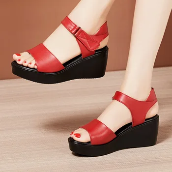 CEYANEAO 2020. gada vasaras sieviešu ķīlis sandales 6cm vidēja papēža ērti platformas sandales black red white