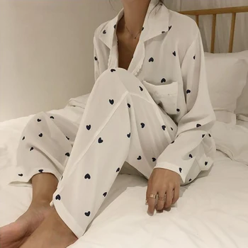 Sieviešu Pidžamas Komplekti Plus Izmērs 3XL Kokvilnas garām Piedurknēm Topi un Bikses Sirds Trīsstūris Print Mīkstās Sieviešu Mežģīņu Atpūtas Jauki Sleepwear