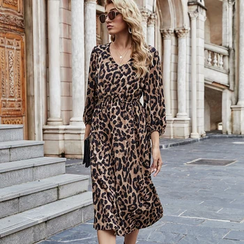 JYSS leopard kleitas sievietēm puse ar garām piedurknēm, v veida kakla apkakles vestido ceļa garums kritums kleitas ropa mujer brūna kleita 60259