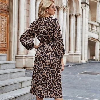 JYSS leopard kleitas sievietēm puse ar garām piedurknēm, v veida kakla apkakles vestido ceļa garums kritums kleitas ropa mujer brūna kleita 60259
