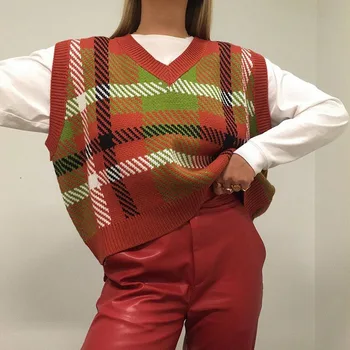 SHUJIN Veste Sievietēm Pleds Vintage Harajuku Streetwear V-veida kakla Siltie Džemperi Studentiem korejiešu stila Zaudēt Gadījuma Modes Šiks