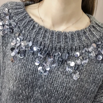 Sievietēm apaļu kakla roku darbs sequin frēzēšana garām piedurknēm džemperis džemperis ir 2021. rudens ziemas dāma top femme mujer gadījuma ķīmijas preces
