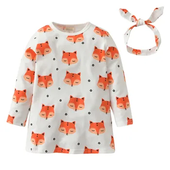 Jaunu 2020. gadam, modes jaundzimušais meitene drēbes ar garām piedurknēm fox printed kleita+galvas 2gab/uzvalks zīdaiņu apģērbu komplekts Tērpiem