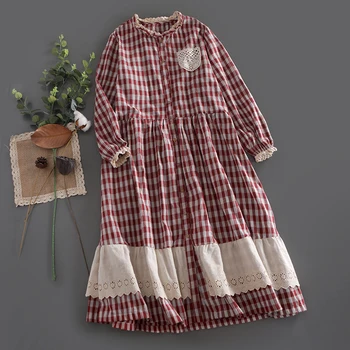 Sieviešu 2020. gada rudenī Japānas mazu, svaigu dobi izšuvumi mežģīņu izšūšanas izšūta kleita ar garām piedurknēm kokvilnas, lina kleita