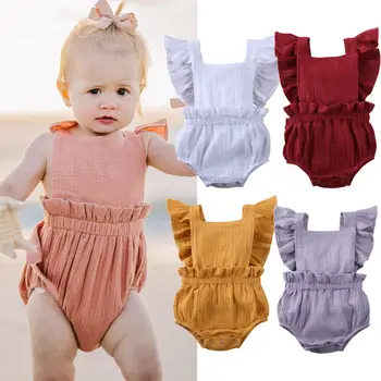 Jaundzimušā bērna Baby Toddler Meitenes Ruffles bez Piedurknēm, Solid Kokvilnas Bodysuit Apģērbs Vasaras Drēbes 0-24M Sunsuit