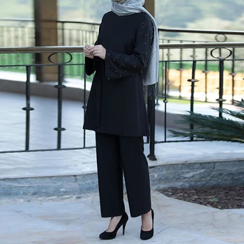 Siskakia Abaya Uzstādīt Turcija Dubaija Musulmaņu Modes Pērles 2 Gabals, Kas Sieviešu Tērpiem, Cietā Garām Piedurknēm Topi Ar Garām Biksēm 2020 Jaunas