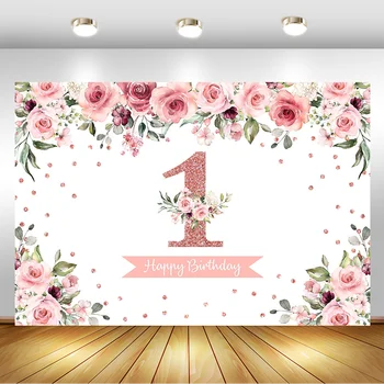 1. Dzimšanas dienu Meitene Fons, Rose Gold Ziedi Personalizētu Foto Fotogrāfija Fona Foto Studija Decoration, Banner