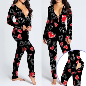 Rudens Pavasara Modes Karikatūra Sirds Drukāt Bodysuits Pidžamas Ilgtermiņa piedurknēm Viens Gabals Sleepwear Jumpsuit Dāmas Puses Homewear 2021