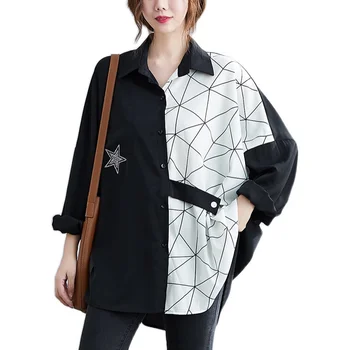 Long sleeve plus lieluma oversiz kokvilnas vintage korejiešu stilā Casual zaudēt rudenī, krekls, sieviešu blūze ir 2021. drēbes, dāmu topi,