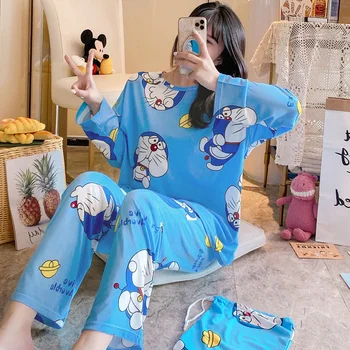 Tonngirls Doraemon Sleepwear Sieviešu Multiplikācijas Filmu Drukāt Pidžamas Komplekts Meitenēm Gudrs Nakts Tērps Plus Lieluma Pijama Mujer Japāņu Pijamas Sievietēm