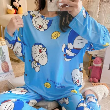 Tonngirls Doraemon Sleepwear Sieviešu Multiplikācijas Filmu Drukāt Pidžamas Komplekts Meitenēm Gudrs Nakts Tērps Plus Lieluma Pijama Mujer Japāņu Pijamas Sievietēm