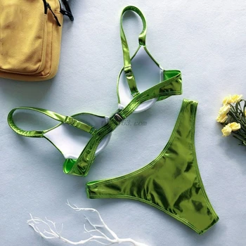 Sieviešu Sexy 2 Gabals Brazīlijas Bikini Komplekts Atstarojošs Spīdīga Metāla Push Up Peldkostīms Underwire High Cut Peldkostīms Beachwear