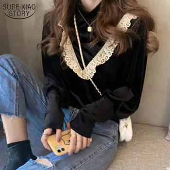 Mežģīnes Savirmot Daudzām Sievietēm Velūra Blūze Korejas Garām Piedurknēm Augstu Uzrullētu Apkakli Krekls Ir 2021. Rudens Ziemas Pamata Blusa Mujer 12494