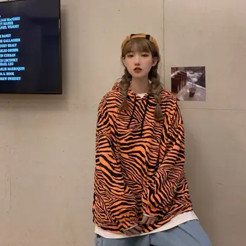 Svītraina Zebra Drukāt ar Cepuri pelēkā vārna Sieviešu Streetwear Lielizmēra sporta Krekls Harajuku korejiešu Stilā, Plus Samta Biezāku Džemperi