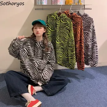 Svītraina Zebra Drukāt ar Cepuri pelēkā vārna Sieviešu Streetwear Lielizmēra sporta Krekls Harajuku korejiešu Stilā, Plus Samta Biezāku Džemperi
