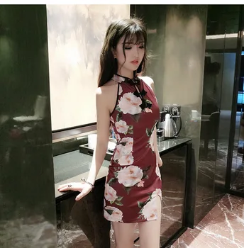 2018 jaunu modes retro stila seksīga jauna sieviete backless ziedu vidukļa, gurnu cheongsam kleita Pottis Reālu šāvienu