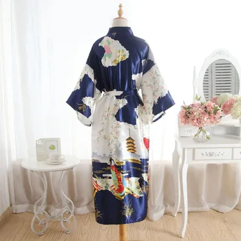 Vintage Tumši Zila Sieviešu Garš Satīna Drēbes Kimono Kleita Līgavas Kāzu Sexy Naktskrekls Jaunums Drukāt Vannas Sleepwear Viens Izmērs