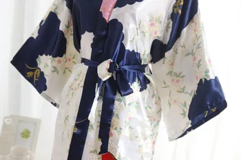 Vintage Tumši Zila Sieviešu Garš Satīna Drēbes Kimono Kleita Līgavas Kāzu Sexy Naktskrekls Jaunums Drukāt Vannas Sleepwear Viens Izmērs