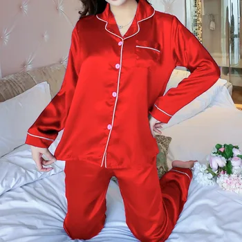 2GAB Pidžamas Komplekti Sievietēm, Atloks, Mākslīgās Zīda garām Piedurknēm Mājas apstākļos, Dāmas Mujer Sexy Satīna Tops+Bikses Naktskrekls Sleepwear Rudens