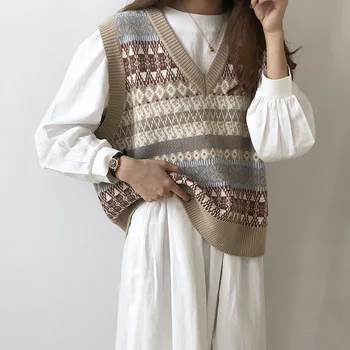 Rudenī Ziemas Džemperis Veste Bez Piedurknēm Korejas Trikotāžas Džemperis Vintage V Kakla Džemperi Sieviešu Apģērbu Studentu Mētelis