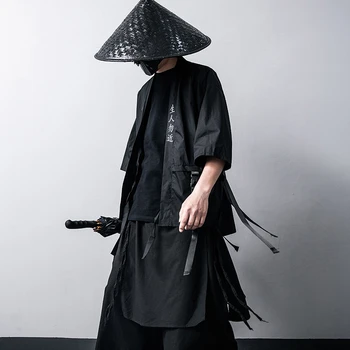 Japāņu Tradicionālo Kimono Jaka Kokvilnas Modes Skatuves Haori Samurai Cosplay Kostīmi Ķīniešu Stilā Melns Mētelis Streetwear