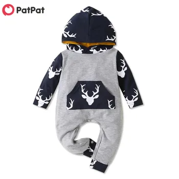 PatPat 2020. gadā-Rudenī un Pavasarī Comfy Krāsu bremžu pretbloķēšanas Elk Drukāt Kapuci Ilgtermiņa piedurknēm Jumpsuit Pelēkā krāsā Baby Baby Boy Apģērbs