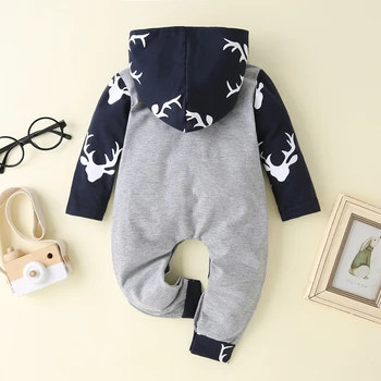 PatPat 2020. gadā-Rudenī un Pavasarī Comfy Krāsu bremžu pretbloķēšanas Elk Drukāt Kapuci Ilgtermiņa piedurknēm Jumpsuit Pelēkā krāsā Baby Baby Boy Apģērbs