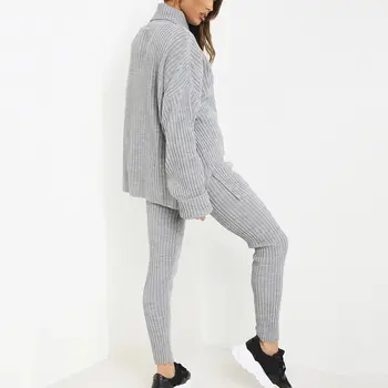Adīts Sieviešu Džemperis Komplekti Ar Garām Piedurknēm Augstu Uzrullētu Apkakli Džemperi, Topi Un Garas Bikses Kopa Rudens Cietā 2 Gab. Komplekts Tērpiem, Ziemas 2020