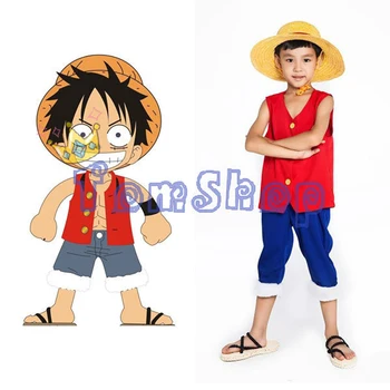 Anime VIENS GABALS Monkey D. Luffy 2 gadiem BĒRNIEM Cosplay Bērnu, Pilns Komplekts, Halloween Kostīmi (Tops+Bikses+Salmu Cepure) Bezmaksas Piegāde