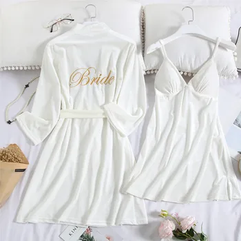 Sieviešu Izšuvumi, Līgava, Līgavas Kāzu Tērpu Velūra 2GAB Nighty&Drēbes, Uzstādīt Sleepwear Samta Kimono Kleita Intīmas Apakšveļa