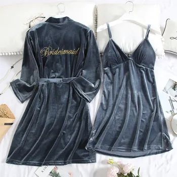 Sieviešu Izšuvumi, Līgava, Līgavas Kāzu Tērpu Velūra 2GAB Nighty&Drēbes, Uzstādīt Sleepwear Samta Kimono Kleita Intīmas Apakšveļa