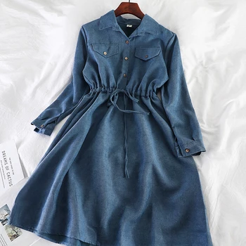 Vintage Kabatas Dizaina Sieviešu Krekls Kleita Ir 2021. Rudens Ziemas Aukliņu Līnijas Midi Kleitu Elegants Dāmas Birojs Kleitas