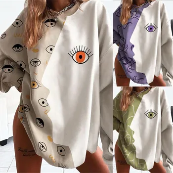 Modes pelēkā vārna Ir 2021. Sieviešu Modes Brīvs O-veida Kakla Acu Abstraktās Glezniecības Iespiesti Topi Džemperi hoodies sieviešu sudaderas