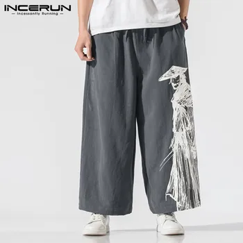 INCERUN Ķīniešu Stilā Vīriešiem Plaša Kāju Bikses Iespiesti Joggers Elastīgs Viduklis Kokvilnas Gadījuma Bikses Vaļīgas Vintage Streetwear Pantalon