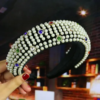 Roku darbs luksusa pilnā pērlēm un kristālu hairband diamante galvu rhinestone tiara headpiece sieviešu matu aksesuāri