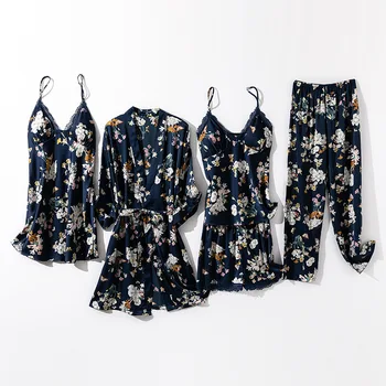Drukāt Zieds Sleepwear Uzvalks Sieviešu Vasaras Sexy 5GAB Drēbes, Uzstādīt Kimono, Vanna Kleita Naktsveļu Gadījuma Satīna Miega Komplekts Pidžamu Homewear
