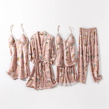 Drukāt Zieds Sleepwear Uzvalks Sieviešu Vasaras Sexy 5GAB Drēbes, Uzstādīt Kimono, Vanna Kleita Naktsveļu Gadījuma Satīna Miega Komplekts Pidžamu Homewear