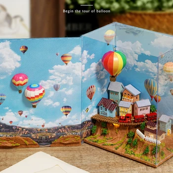 DIY Miniatūra leļļu Namiņš Karstā Gaisa Balons, Koka Mēbeles leļļu Namiņš LED Gaismas Rotaļlietas Bērniem Dzimšanas dienas Dāvanas Mini Grāmatu Sērijas