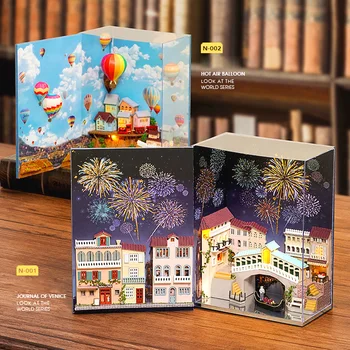 DIY Miniatūra leļļu Namiņš Karstā Gaisa Balons, Koka Mēbeles leļļu Namiņš LED Gaismas Rotaļlietas Bērniem Dzimšanas dienas Dāvanas Mini Grāmatu Sērijas
