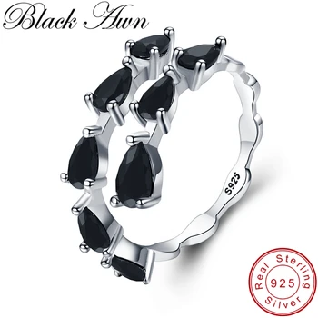 [BLACK AKOTS] Gudrs 925 Sterling Sudraba Rotaslietas Black Spinel Elegants Kāzu Gredzeni Sievietēm Atvērtu Pirkstu Gredzenu G062