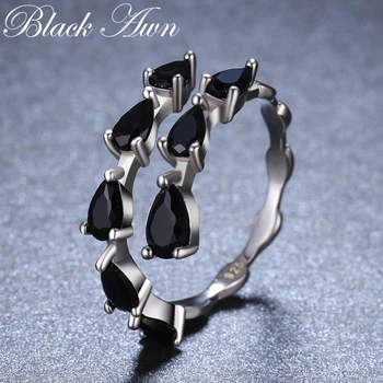 [BLACK AKOTS] Gudrs 925 Sterling Sudraba Rotaslietas Black Spinel Elegants Kāzu Gredzeni Sievietēm Atvērtu Pirkstu Gredzenu G062