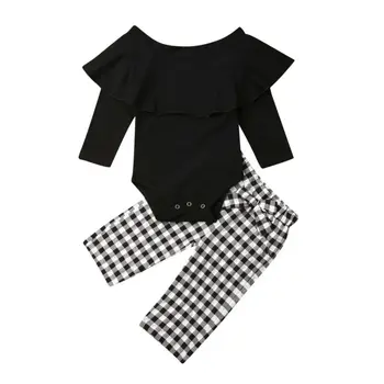 024M Zīdaiņu Jaundzimušais Meitenes Apģērbu Komplekts Melnā Ruffles garām Piedurknēm Romper Loku Pleds Bikses Rudens Pavasara Apģērbs