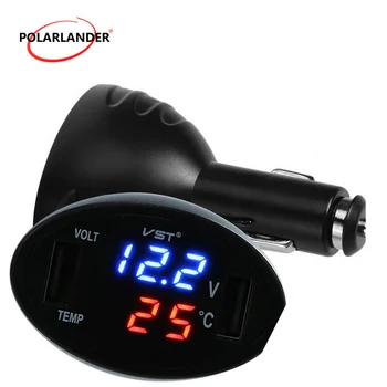 3 in 1 Ciparu LED Voltmetrs Termometrs Monitors Dual USB Porti Automašīnas Lādētājs 12V 24V Temperatūras, Sprieguma Mērītājs