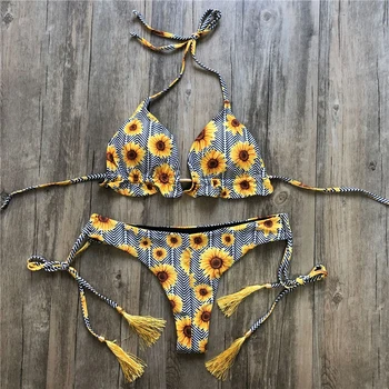 Ziedu drukāt peldkostīmi sieviešu Mežģīņu tropu atstāj peldkostīms Push up peldkostīms sieviešu Boho triangle pavada bikini komplekts 2019