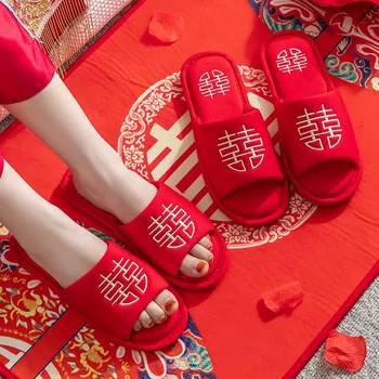 Ķīniešu Stila Kāzu Nams Pāri Čības Laimīgs Sarkanu Izšuvumu Kokvilnas Guļamistaba Dāmas Dzīvoklis Kurpes Iekštelpu Mīļotājiem Sieviešu Čības