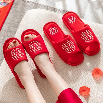 Ķīniešu Stila Kāzu Nams Pāri Čības Laimīgs Sarkanu Izšuvumu Kokvilnas Guļamistaba Dāmas Dzīvoklis Kurpes Iekštelpu Mīļotājiem Sieviešu Čības