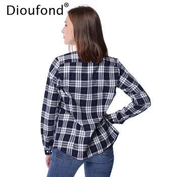 Dioufond 2018 Rudens Modes Sieviešu Kreklu Izšūšana Kabatas Ar Garām Piedurknēm Famale Blūze Sarkanā, Zilā Pleds Casual Slim Fit Plus Lieluma