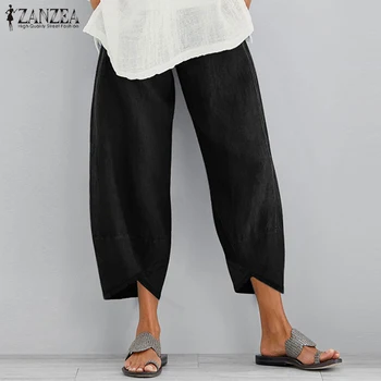 Ir 2021. ZANZEA Vintage Veļa Bikses Sieviešu Rudens Tousers Gadījuma Elastīgs Viduklis Asimetrisks Pantalon Sieviešu Apgriezts Bikses Lielgabarīta
